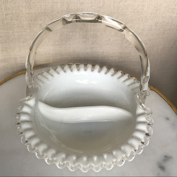 Exquisite Fenton Milk Glass Divided Bowl with Handle & Silvercrest Ruffle Rim - Picture 4 of 13